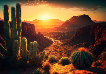 sunset over desert landscape with canyon and cactus trees relistic illustration