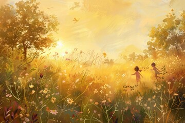 Fototapeta na wymiar A nostalgic wallpaper illustration evoking the warmth and nostalgia of the golden hour, with children playing in a sunlit meadow, Generative AI