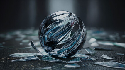Close-up a smashed glass ball lying on the ground, surrounded by pieces of broken glass - obrazy, fototapety, plakaty