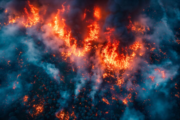 Natural Disaster Concept: Aerial View of Wildfire Spread in Macro Perspective
