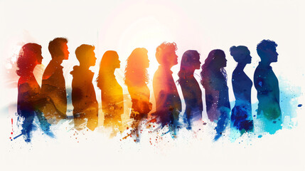 Group diversity silhouette multiethnic people from the side. Community of colleagues or collaborators. Concept of bargain agreement or pact. Collaborate. Co-workers. Harmony. Organization - obrazy, fototapety, plakaty