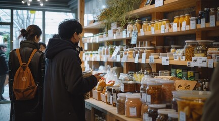 Customers buying dry goods and bulk products in plastic free grocery store.