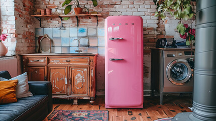 Vintage kitchen interior with pink fridge, wooden cabinets, and modern washing machine. - obrazy, fototapety, plakaty