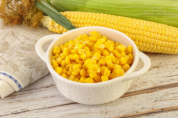 Canned yellow corn in the bowl