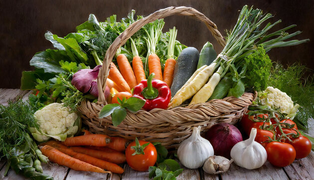 A basket full of vegetables. Image of assorted vegetables. Delicious fresh vegetables.