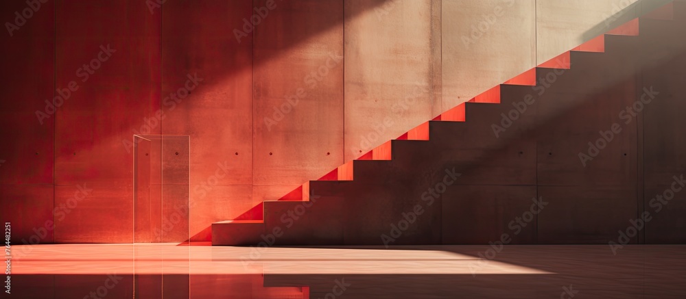 Poster an image focusing on a vividly illuminated red staircase inside a building, showcasing the details a