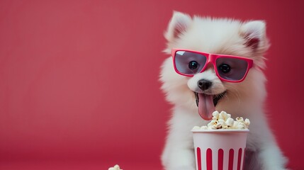 Cute white Pomeranian Spitz watching a movie in 3D glasses with a bucket of popcorn. Movie theaters, online cinemas, watching new movies at home, streaming service - obrazy, fototapety, plakaty