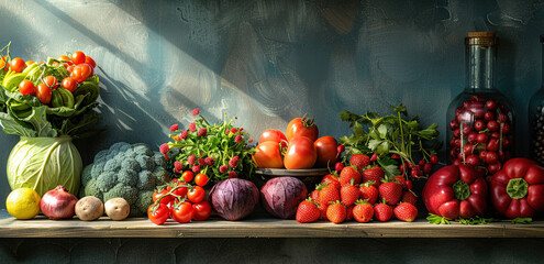 vegetables and fruits on table - obrazy, fototapety, plakaty
