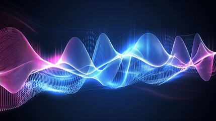 Abstract futuristic graph of sound wave white light blue color gradient, mechanical vibration in space.  Audio engineering - obrazy, fototapety, plakaty