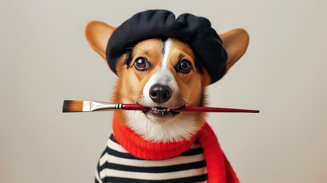 A corgi dog dressed in an artist's beret, scarf and a striped T-shirt holds a paintbrush in his mouth. Drawing school, art lessons online and offline, painting class, new skill