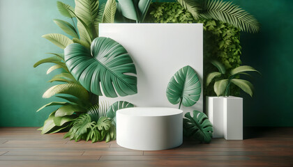 a contemporary white podium with a focus on minimalist design, set against a vibrant background of green stone textures and tropical leaves