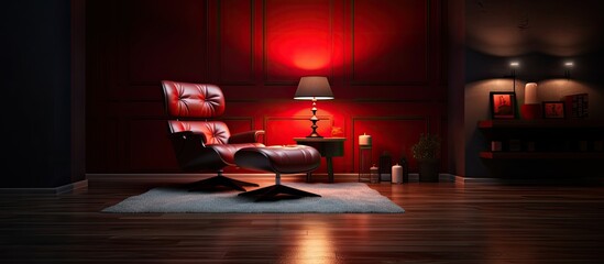 A solitary red chair placed in a shadowy room with minimal lighting, creating a moody and atmospheric setting