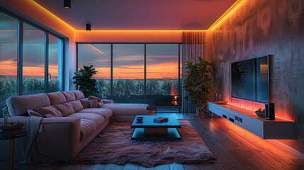 Home cinema, living room with colored LED lighting - Smart home. Big Tv In A Living Room. Elegant living room with big tv screen. Colored LED lit living room with home theater.