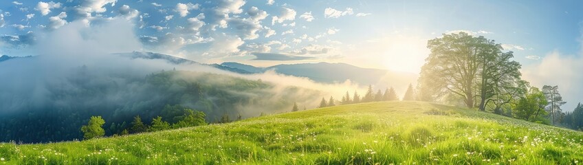 Mountain meadow in the dawn light. Countryside springtime panorama with fog-covered valley behind...