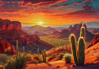 Schilderijen op glas sunset over desert landscape with canyon and cactus trees relistic illustration © ANTONIUS