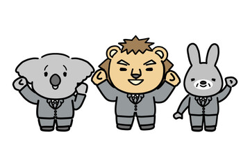 笑顔でガッツポーズをする3人のビジネスマンの動物キャラクター