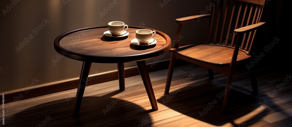Poster there is a small table containing two coffee cups placed on top of it