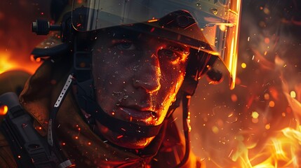 Portrait of a firefighter among burning flames