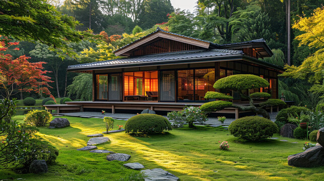 stylish cottage with designer renovation Bright, japanese garden in the summer High detailed and high resolution smooth and high quality photo professional photography.