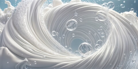 white liquid soap swirl with bubbles foam, close up - 764483670