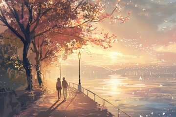 A romantic wallpaper illustration capturing the golden hour on a riverside promenade, with couples strolling hand in hand along, Generative AI