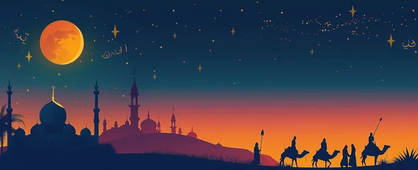 Rolgordijnen A mosque silhouette in the background, people on camels under one moon, a night sky with stars © khozainuz