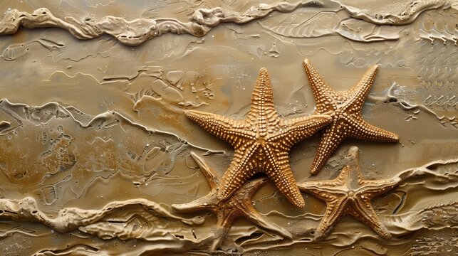 Create an enchanting image featuring starfish on the sandy shore, surrounded by the beauty of the sea. 