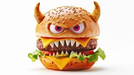 A creative and colorful representation of a burger with devilish horns and a menacing face, giving a playful twist to an iconic fast-food item