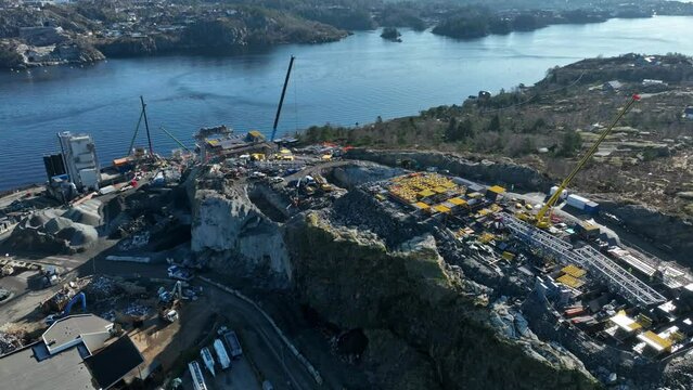 Sotra Link construction site, building new bridge to Sotra Island in Bergen Norway, Aerial