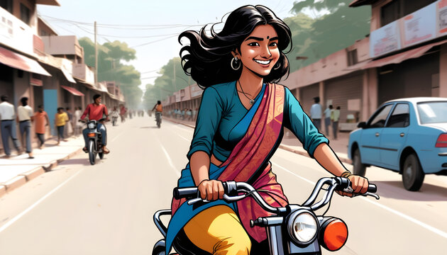 Indian girl driving a moped at high speed.