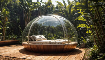 wooden deck with a large clear dome bed on it. The dome has a transparent roof and is filled with pillows. The bed is situated in a lush tropical garden. - 764484448