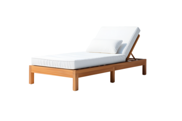 White sun bed or striped deck chair or beach chair isolated on cut out PNG or transparent background for sitting and relaxing or watching view of nature.