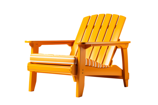 Yellow wood sun bed or striped deck chair or beach chair isolated on cut out PNG or transparent background for sitting and relaxing or watching view of nature - Powered by Adobe