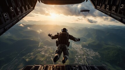 Airborne soldier jumping out of plane
