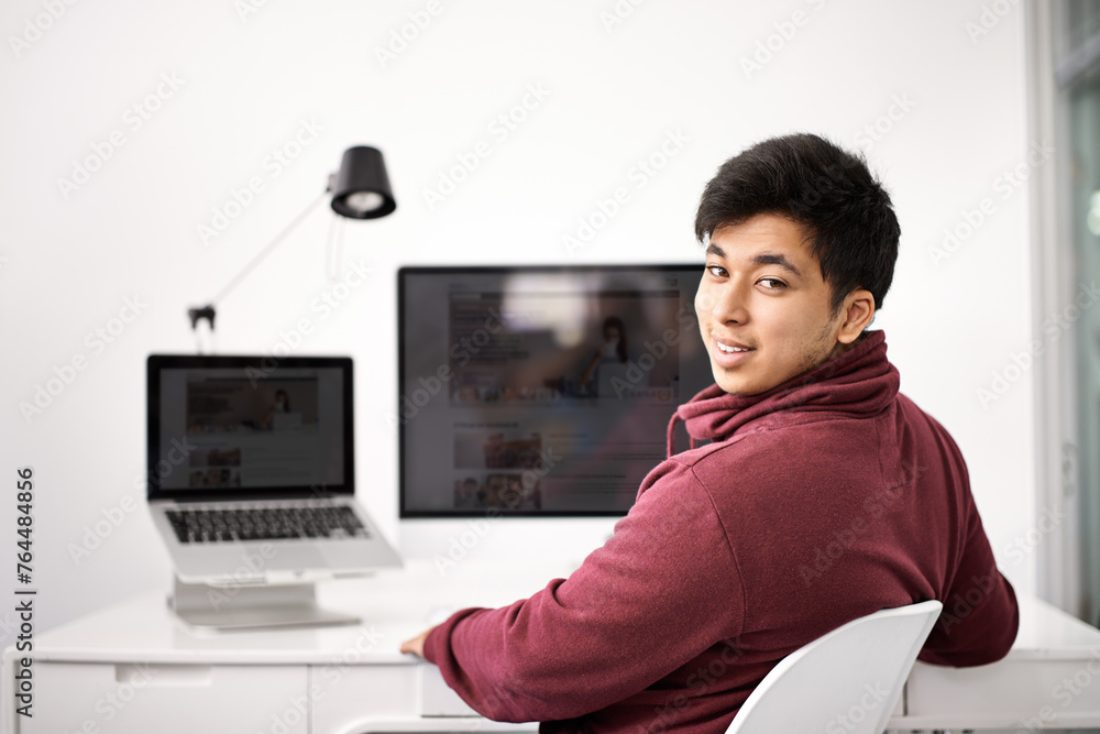 Poster Happy man, portrait and computer screen for web development, programming and information technology. Asian programmer, worker or online designer on laptop or multimedia for startup project at desk