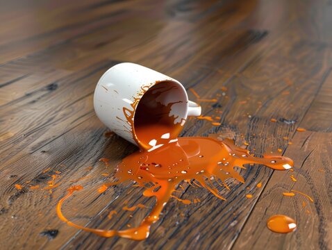 Spilled Secrets, A tipped-over coffee cup spills its contents across a wooden table, the warm spill contrasting with the wood grain. spill, coffee, cup, mess, wooden, table, liquid, warm, tipped, over