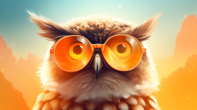 A close up of a wise owl with glasses close up picture raptor eyes wisdom with golden light background
