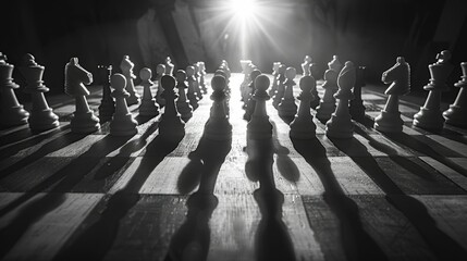 Business strategizing, chess pieces on a board, shadow play symbolizing tactics