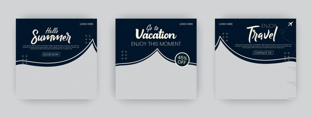 Set of three adventure travel poster templates. Dream vacations explore now. Travel agency world tour pack template,  social media web post banner design