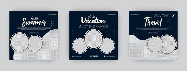Set of three adventure travel poster templates. Dream vacations explore now. Travel agency world tour pack template,  social media web post banner design - obrazy, fototapety, plakaty