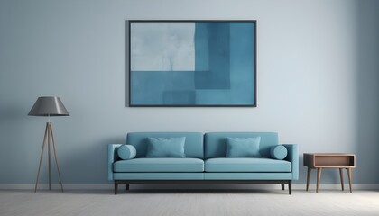 Minimalist, retro, contemporary composition of living room . Blue and white. tone on tone. 