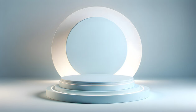 A calming 3D render of a minimal circular podium with a pastel blue matte finish, surrounded by light gray accents. The podium is set in a scene with soft diffuse lighting that creates atmosphere