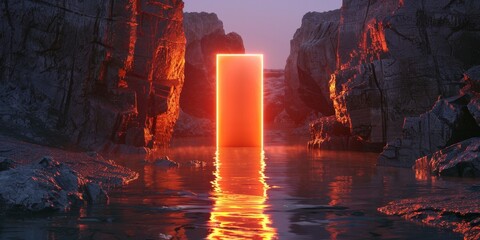 A fiery rectangular monolith stands as a portal on a desolate shoreline, casting a brilliant reflection on the water, amidst the rugged cliffs at dusk.