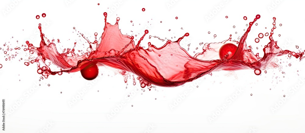 Poster a close-up image of a red liquid splashing on a red apple, creating a vibrant and dynamic shot.