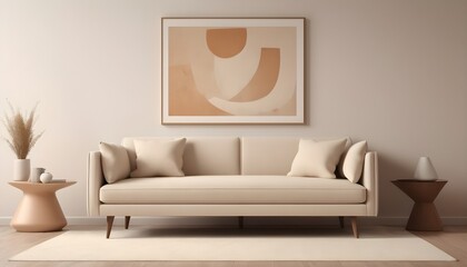 Fototapeta na wymiar Minimalist, retro, contemporary composition of living room. Beige, pink, peach fuzz tone on tone