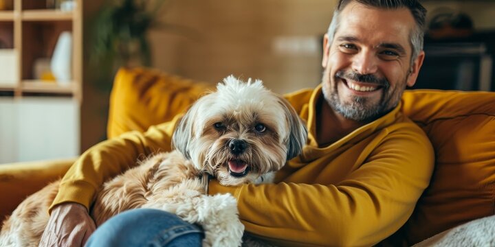 Senior man at home with their adorable scruffy little dog.pet friendly concept.