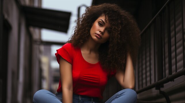 Create an image featuring a young woman with Hollywood Waves hairstyle, donning a fitted red crop top and high-waisted dark jeans. 