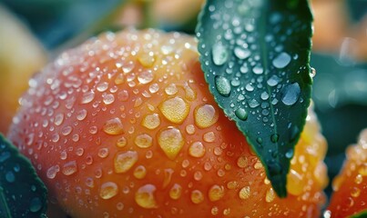 A close-up view of a ripe tomato covered in dew drops, creating a beautiful pattern that sparkles in the light.