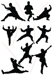 Fototapeta premium Silhouette of people isolated on white background. Wushu, kung fu, Taekwondo, Aikido. Sports positions. Design elements and icons. Hand drawn Vector illustration