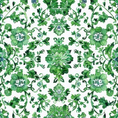 Naklejka na ściany i meble Watercolor Seamless pattern with green and white